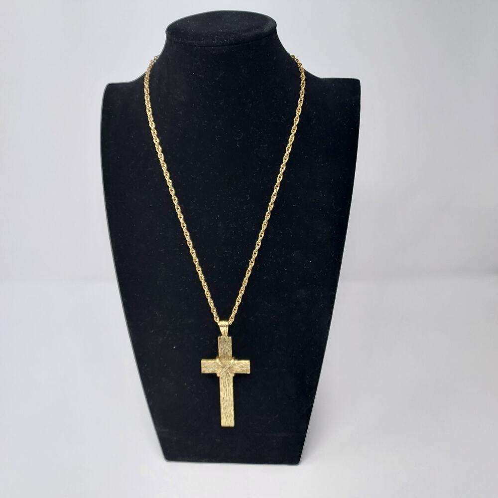 Cross Necklace Men Large Gold Tone Wood Grain Metal 3" Cross 22" Signed Chain